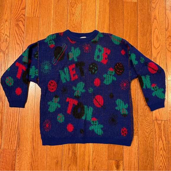 80s Benetton Ski Sweater Spellout Space Planets Ghosts Winter Medium Vintage - Picture 7 of 7